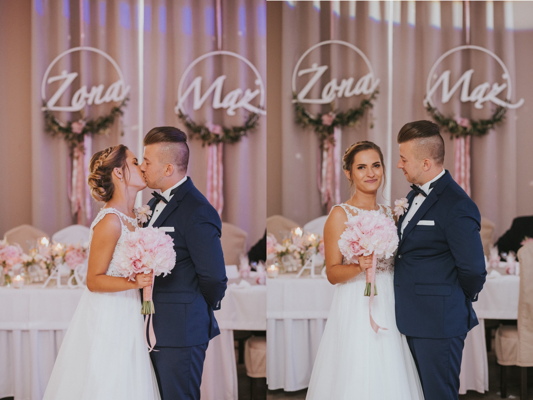 stół Pary Młodej z drewnianym napisem
