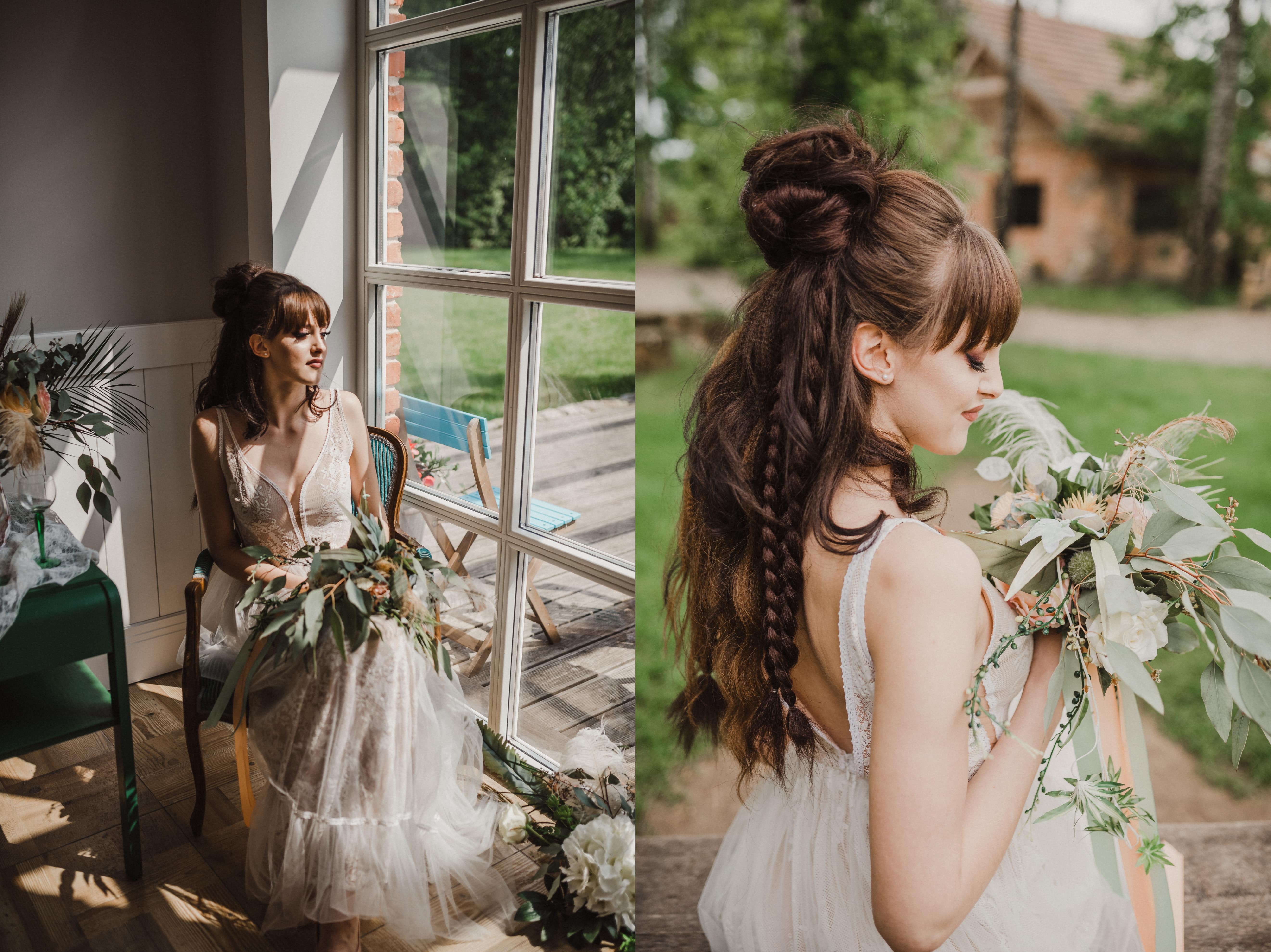 Panna Młoda w długimi włosami podczas sesji w stylu boho