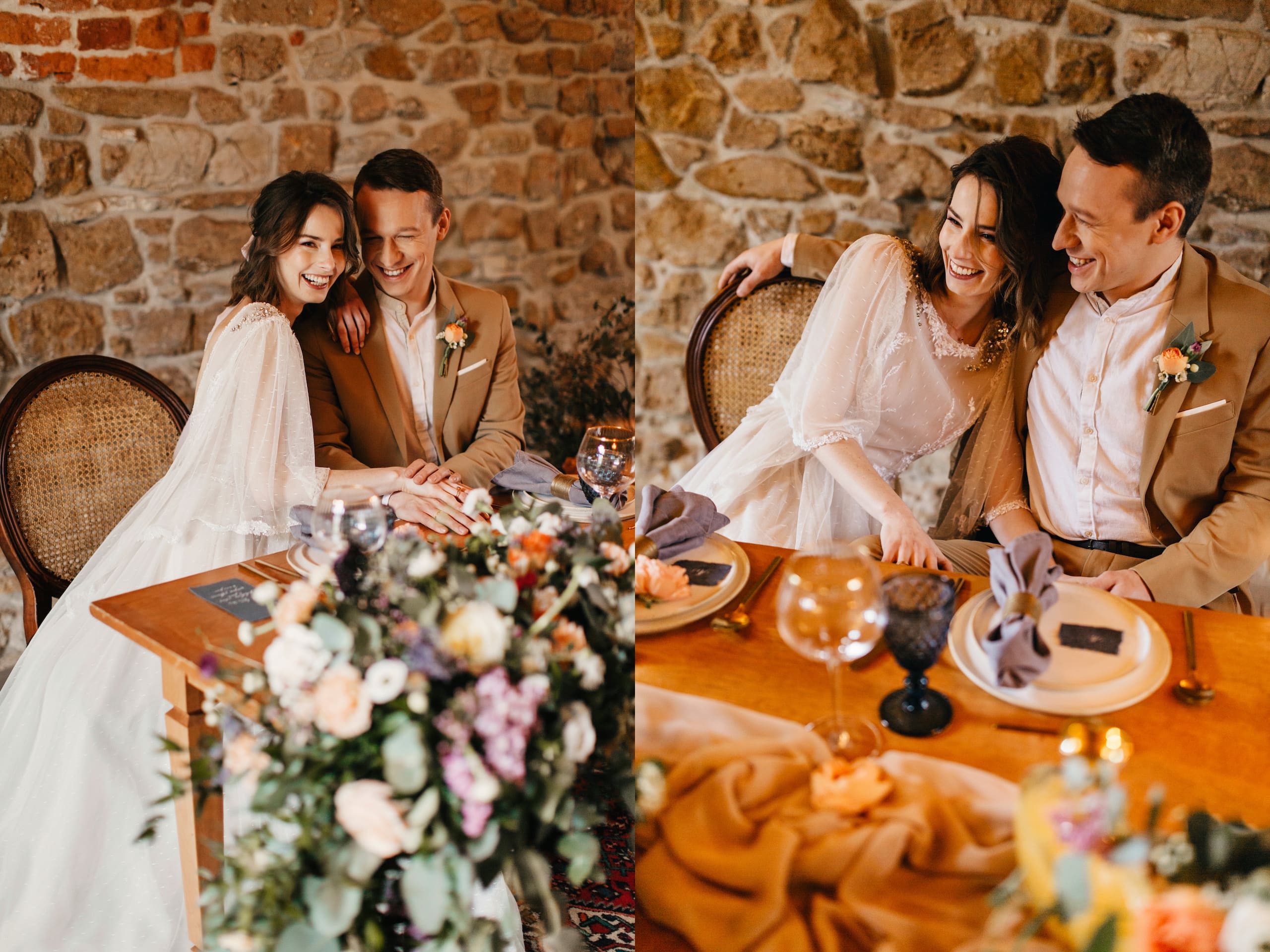 Para Młoda przy stole sesja w stylu boho