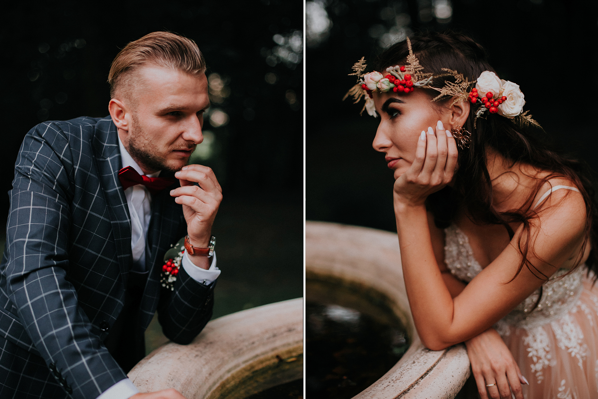 Portret Panny Młodej w stylu boho w długimi naturalnymi włosami i wiankiem z jarzębiny