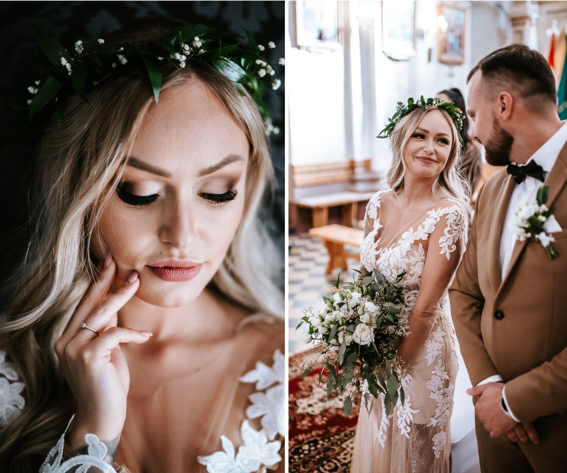 Panna Młoda z rozpuszczonymi blond włosami i wiankiem z ruskusa, Pan Młody w jasnym brązowym garniturze z białą butonierką